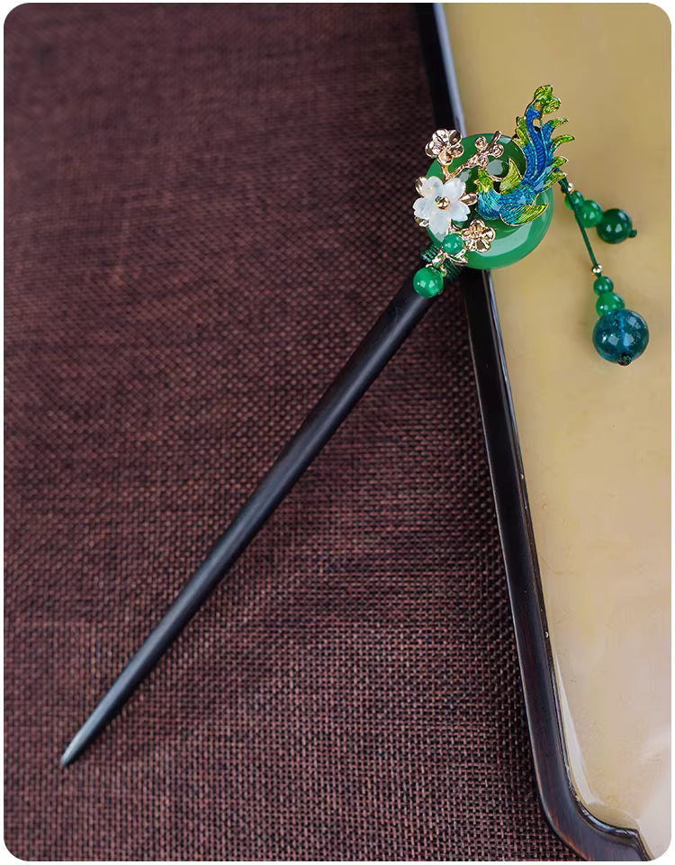 Elegant green and gold hairpin with cloisonné phoenix and stone plum blossom inlay
