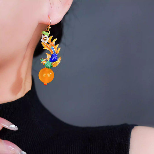 Vintage Yellow Cloisonné Phoenix Earrings – Elegant Hanfu &amp; Qipao Accessory