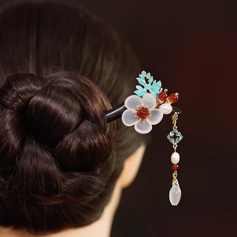 Agate and Ebony Wood Hairpin with Pearls – Handmade Chinese Hanfu & Qipao Hair Accessory,