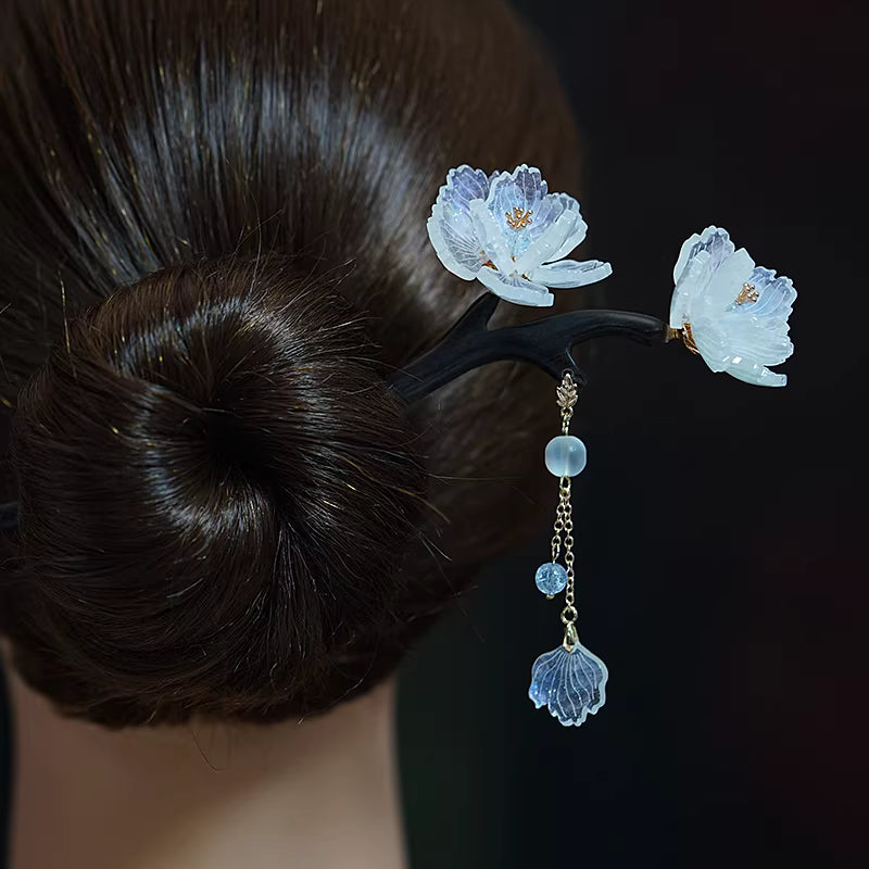 Frosted Ebony Tassel Hairpin with Acetate Petals & Glass Beads – Hanfu & Cheongsam Hair Accessory