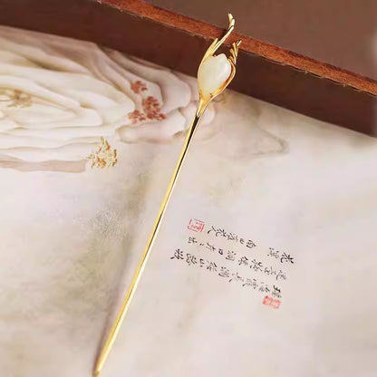 Haarnadel aus Hetian-Jade mit goldenem Ast – S925 Silber