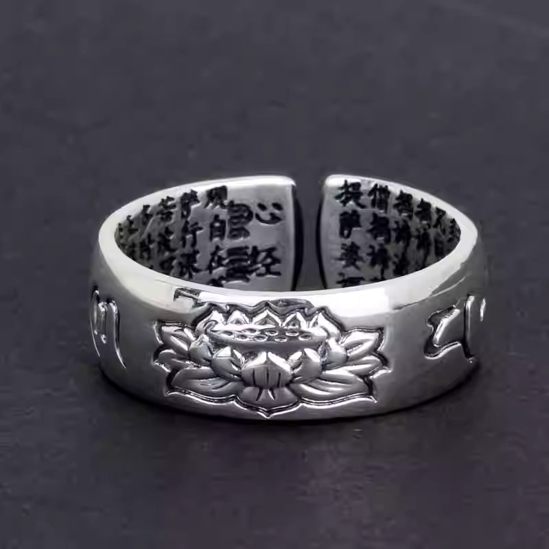 999 Fine Silver Heart Sutra Lotus Ring – Adjustable Open Band Unisex Couple Ring, Vintage Style