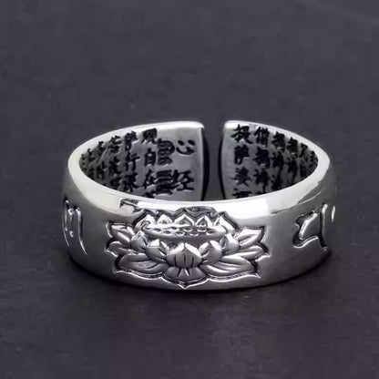999 Feinsilber Herz Sutra Lotus Ring – Verstellbarer offener Band Unisex Partnerring, Vintage-Stil