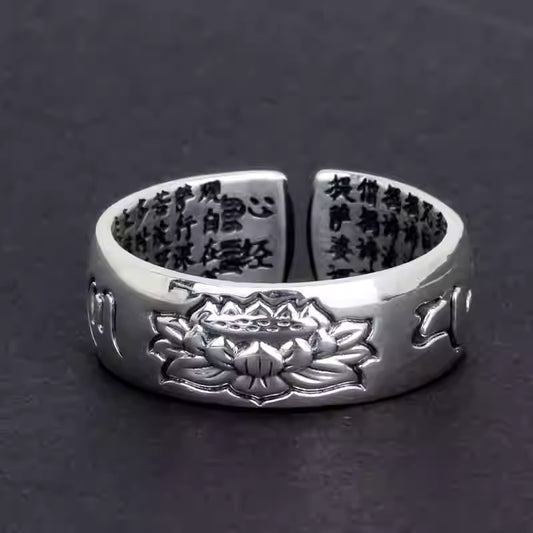 999 Fine Silver Heart Sutra Lotus Ring – Adjustable Open Band Unisex Couple Ring, Vintage Style