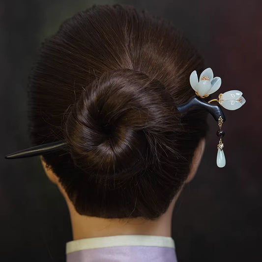 Ancient Chinese Style Xiuyu Magnolia Hairpin – Ebony Wood with Garnet Beads and Xiuyu Pendant