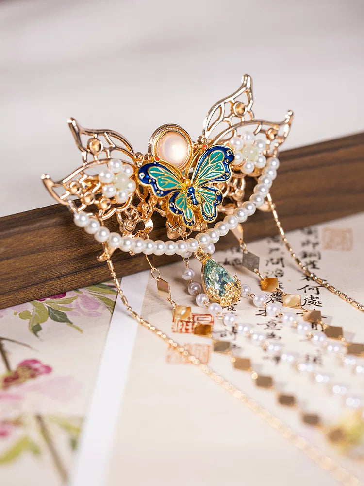 Vintage Butterfly Tassel Hanfu Hair Clip – Cloisonné Style Back Hair Comb with Faux Pearls