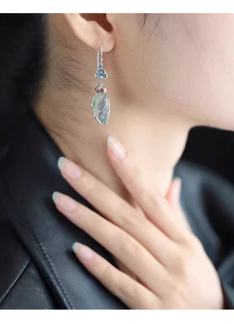 925 Silver Cicada Pendant Earrings with Hetian Jade – Hanfu Inspired Chinese Style Dangle Earrings for Women