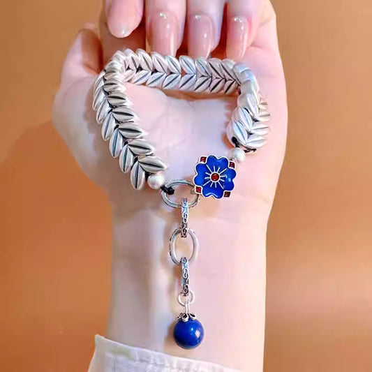 Traditional Chinese Feng Shui Wheat Motif Bracelet with Lapis Lazuli – Adjustable Lucky Hand Chain | 999 Sterling Silver
