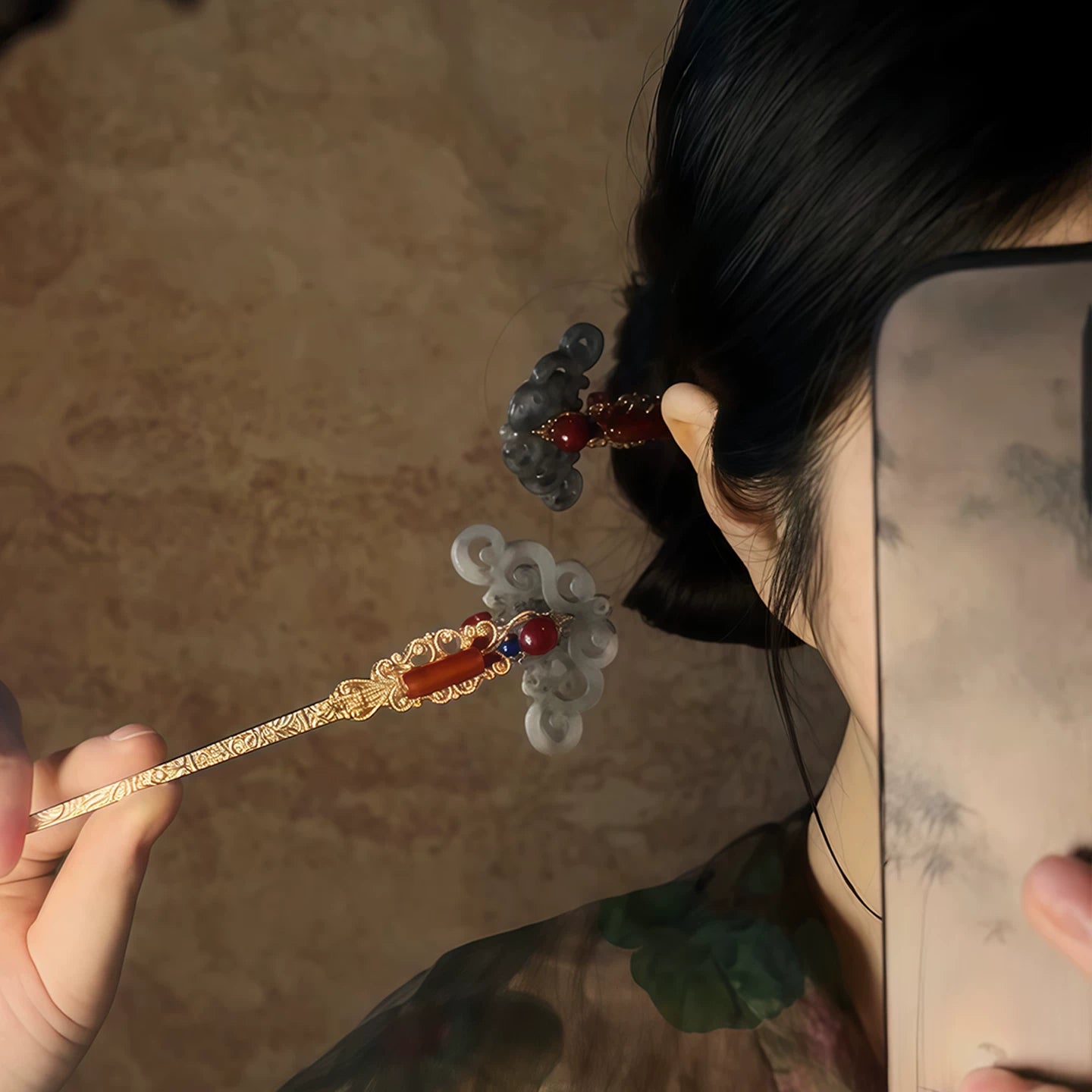 New Chinese Style Ruyi Faux Jade Metal Hairpin – Copper Alloy Ancient Hanfu Hair Accessory