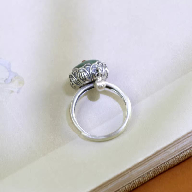 Vintage Chinese Style Rotating Jade Ring – Six-Character Mantra Peace Amulet Spinner Ring | 925 Sterling Silver