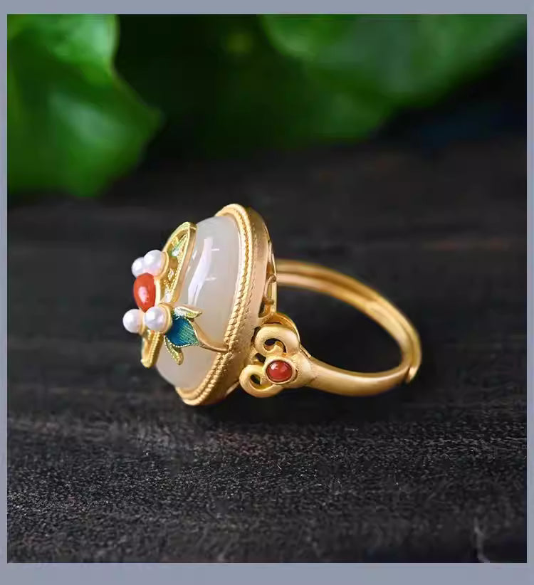 Adjustable S925 Silver Gold-Plated Jade, Red Agate, and Pearl Ring – Palace-Style Classical Chinese Open Finger Ring