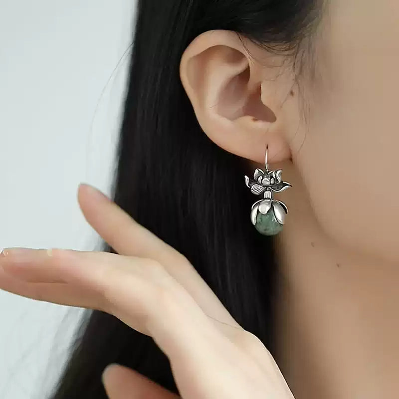 Jade Bead Lotus Drop Earrings – Vintage Chinese Style Elegant Jewelry