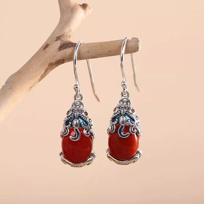 Vintage Pixiu Red Agate Earrings – Chinese Style Lucky Drop Earrings for Women