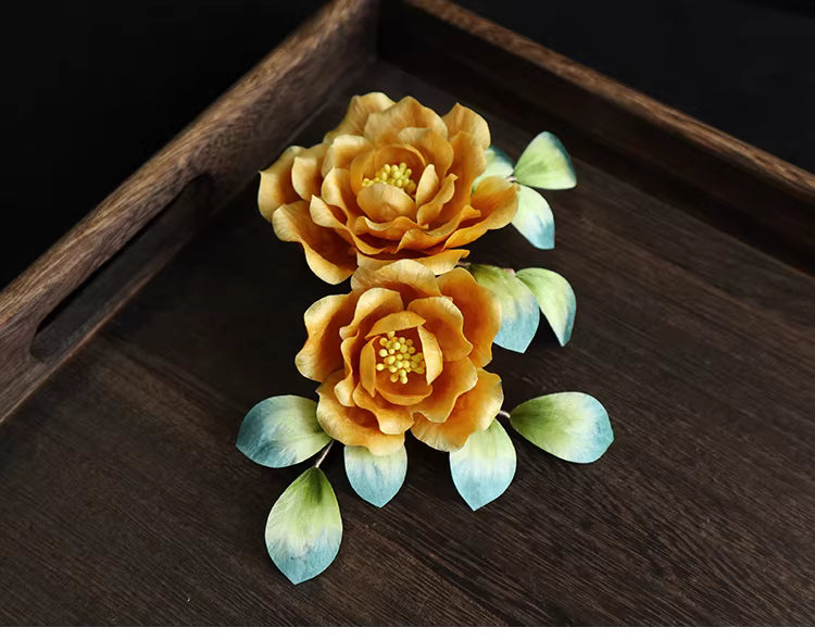 Handmade Yellow Velvet Peony Hair Clip – Traditional Chinese Guofeng Hairpin for Hanfu & Qipao