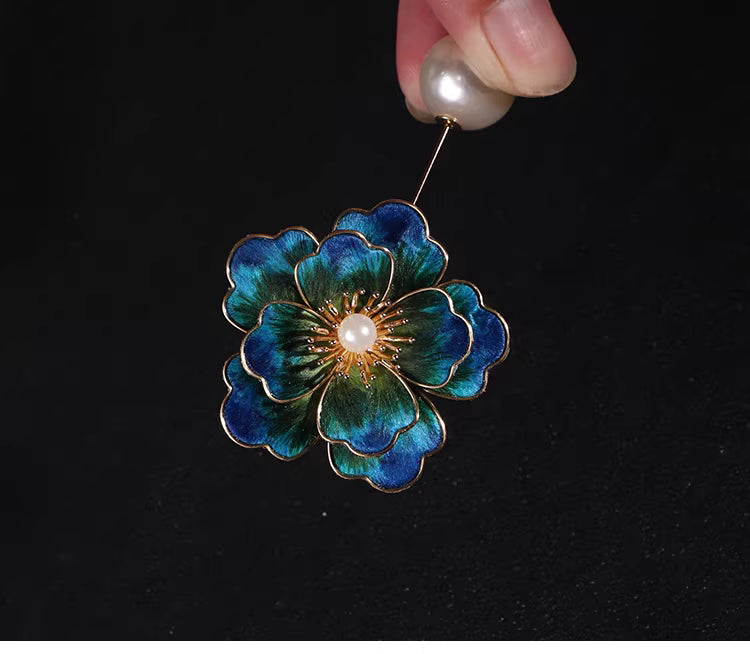 Handmade Peacock Blue Velvet Flower Pearl Brooch – Chinese Heritage Silk Floral Pin for Elegant Women