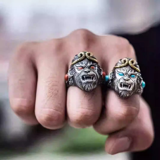 S925 Silver Sun Wukong Adjustable Ring with Red Agate or Turquoise Inlay – Unisex Chinese Style Cloud Design