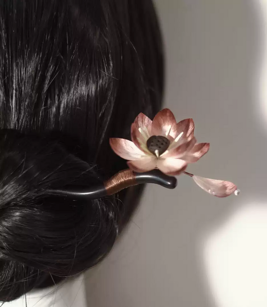 Elegant long hairpin crafted with silk thread, copper wire, and natural sandalwood for traditional bun styling and modern aesthetic fashion