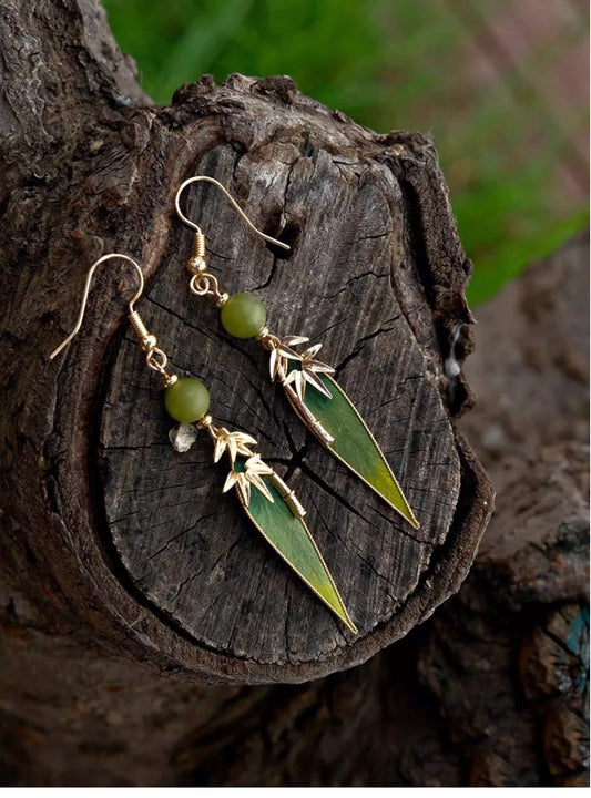 Handmade Intangible Heritage Cloisonné Velvet Bamboo Leaf Earrings with S925 Silver Hooks – New Chinese Style for Women