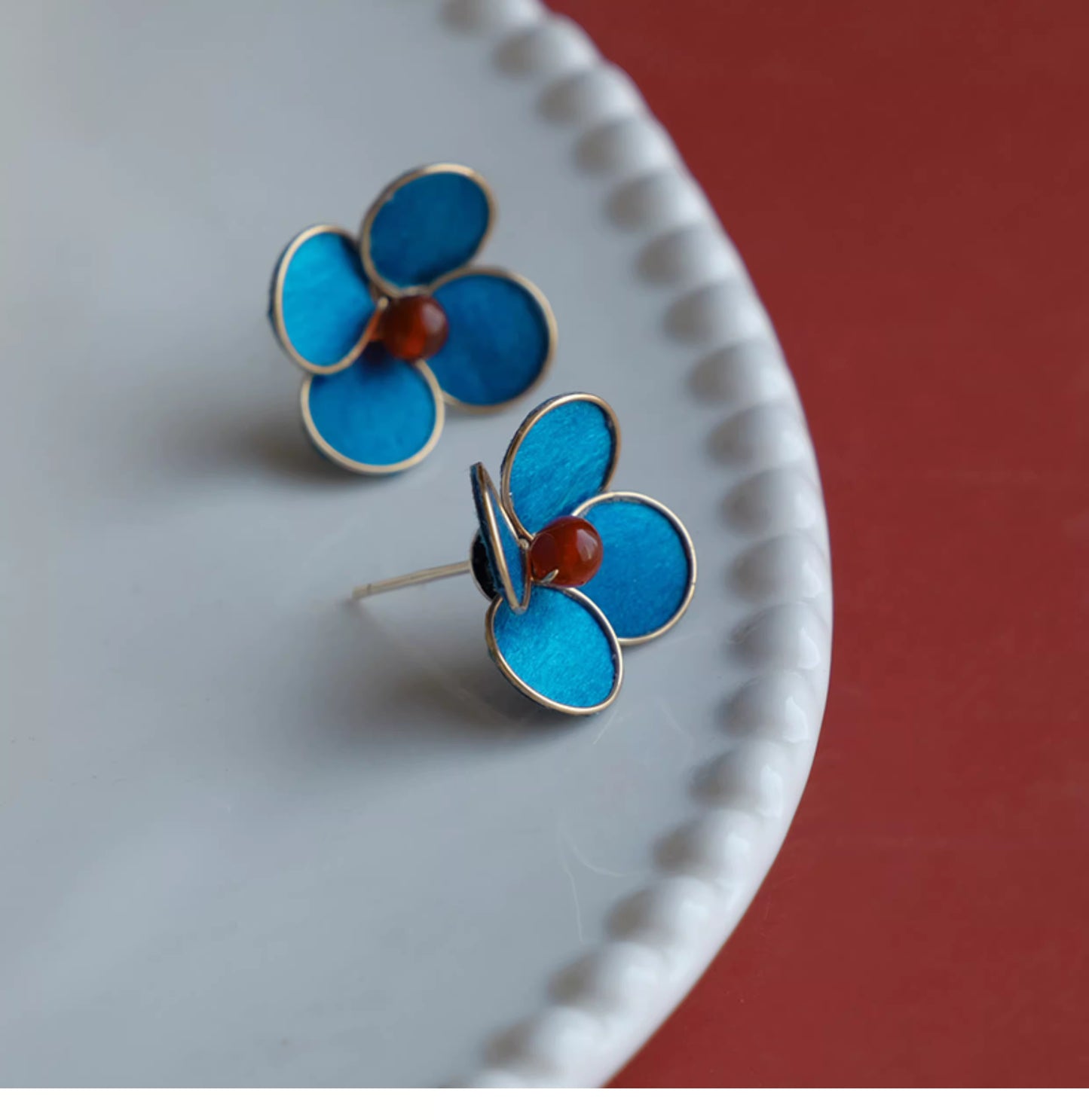 Handmade Blue Velvet Flower Stud Earrings – Intangible Cultural Heritage New Chinese Style Jewelry