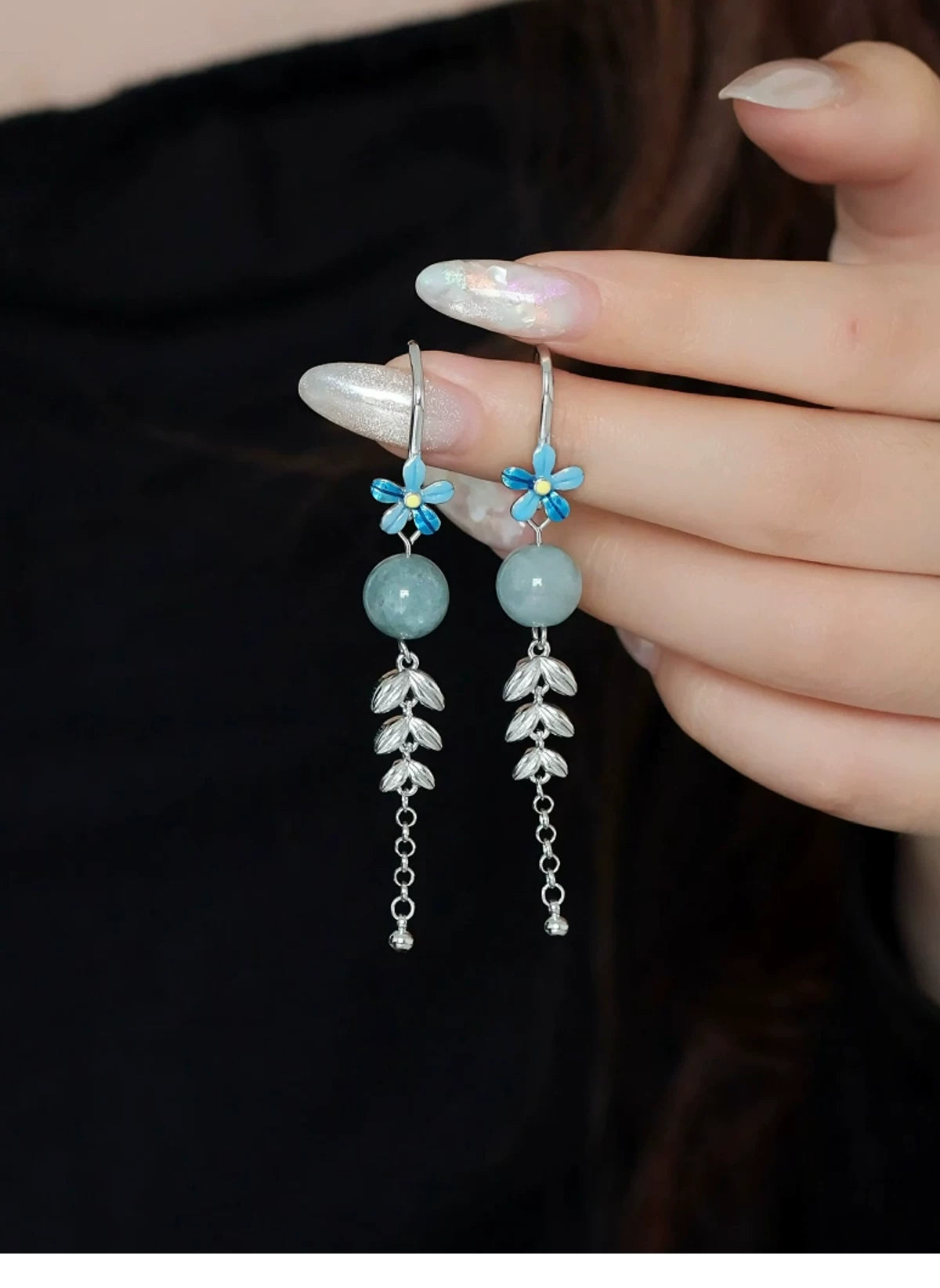 Cloisonné Flower Earrings with Jade Beads and Wheat Tassels – New Chinese Style