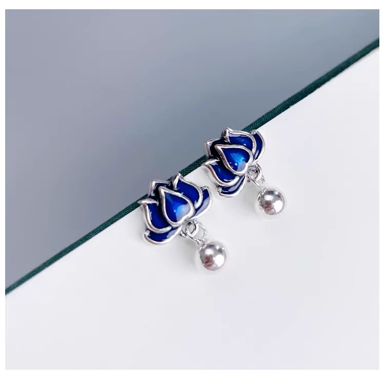 S925 Sterling Silver Blue Lotus Tassel Earrings | Flame-Blue Enamel