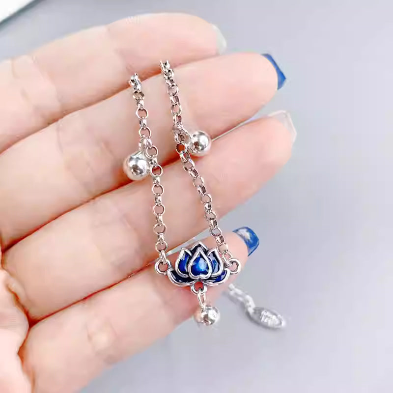 S925 Sterling Silver Blue Lotus Anklet for Women - Adjustable 25cm, Vintage Art Jewelry, Lucky Charm Foot Bracelet