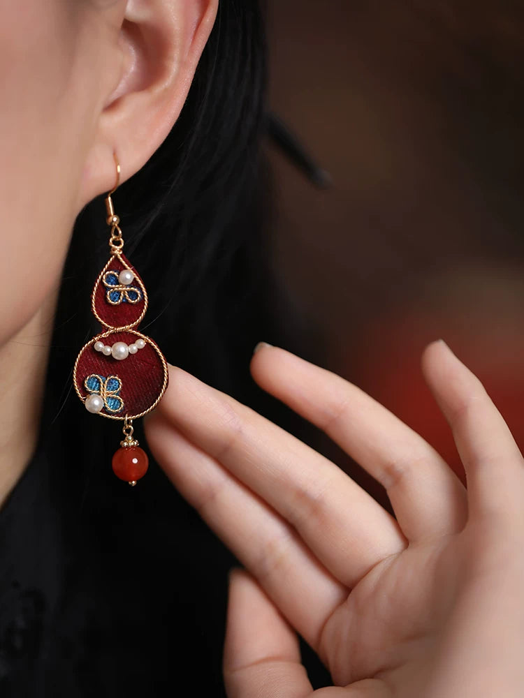 Elegant pearl embedded fabric gourd earrings retro Chinese aesthetic long drop earrings