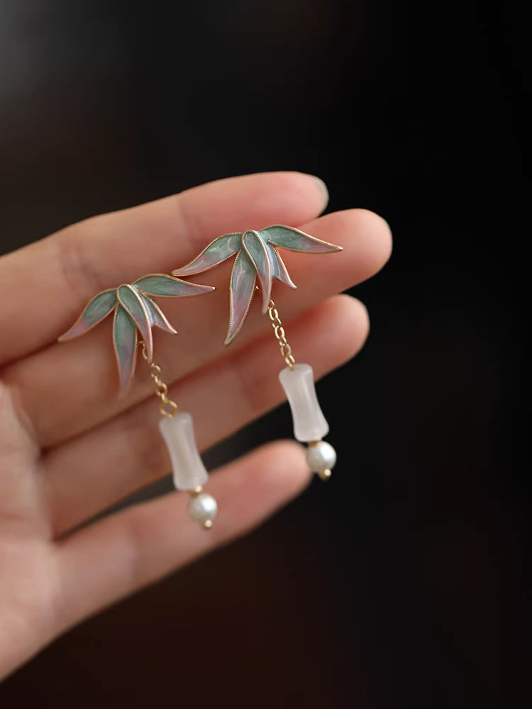 Chinese Bamboo Leaf Tassel Earrings – Vintage Oriental Bamboo Joint Earrings for Qipao
