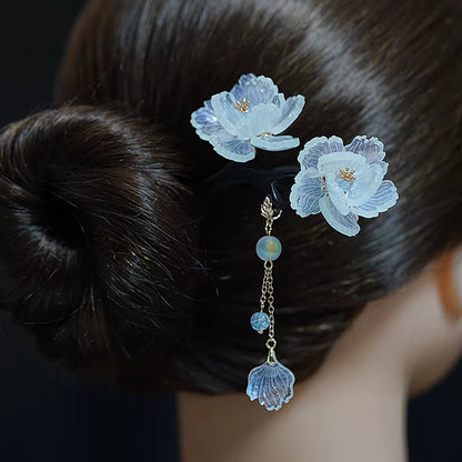 Mattierte Ebenholz-Haarnadel mit Azetat-Blüten & Glasperlen – Hanfu & Cheongsam Haarschmuck