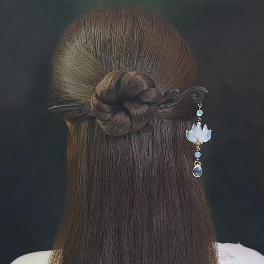 Glass Lotus Tassel Ebony Hairpin – Hanfu, Qipao &amp; Chinese Style Hair Accessory, 18cm, White/Pink/Blue Lotus