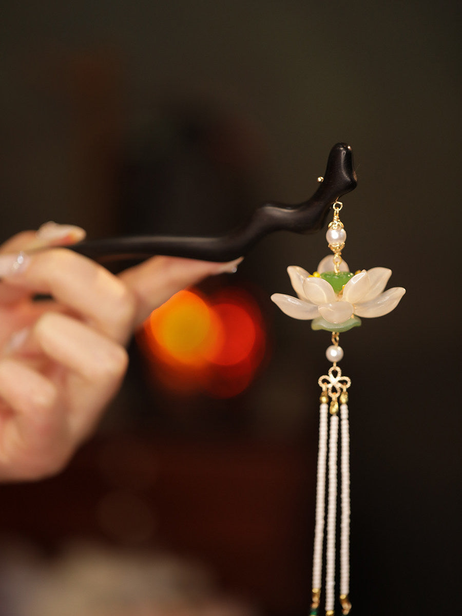 Black Ebony Lotus Long Tassel Hairpin – New Chinese Style Hanfu Hair Accessory
