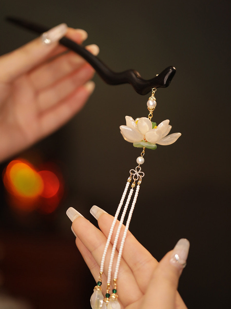 Black Ebony Lotus Long Tassel Hairpin – New Chinese Style Hanfu Hair Accessory