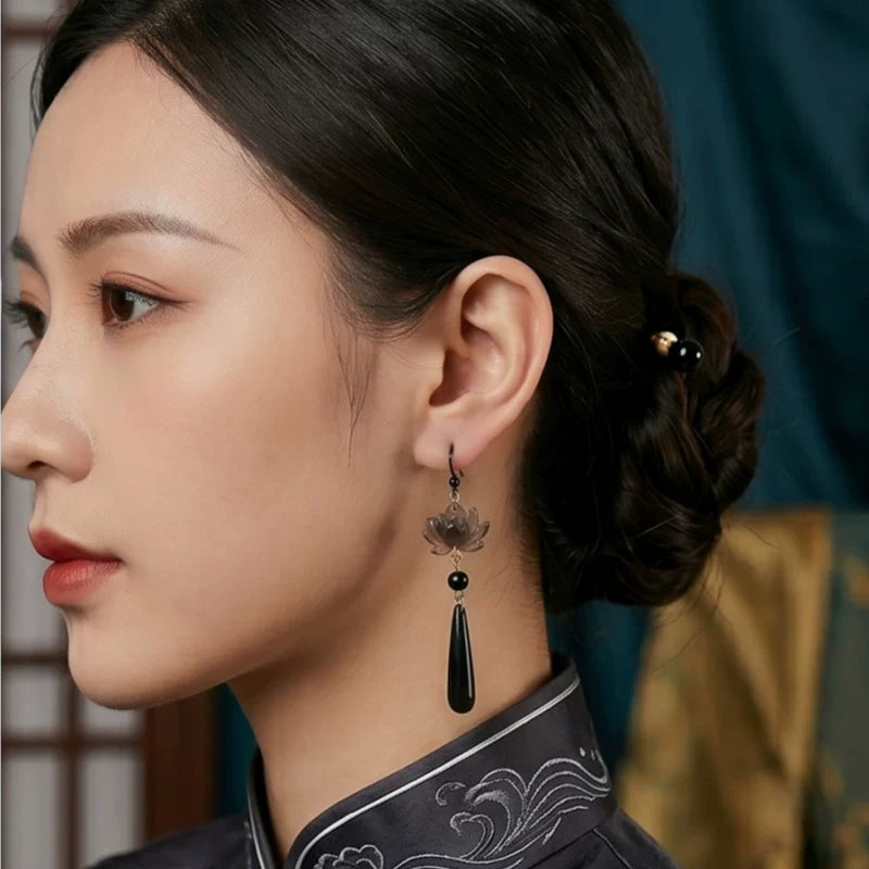 Black Lotus Bio-Ceramic Resin Earrings – New Chinese Style Elegant Statement Earrings