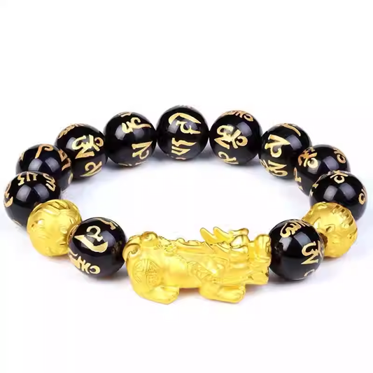 Natural Black Obsidian 3D Hard Gold Pixiu Bracelet with Six-Character Mantra – Wealth Attraction & Protection