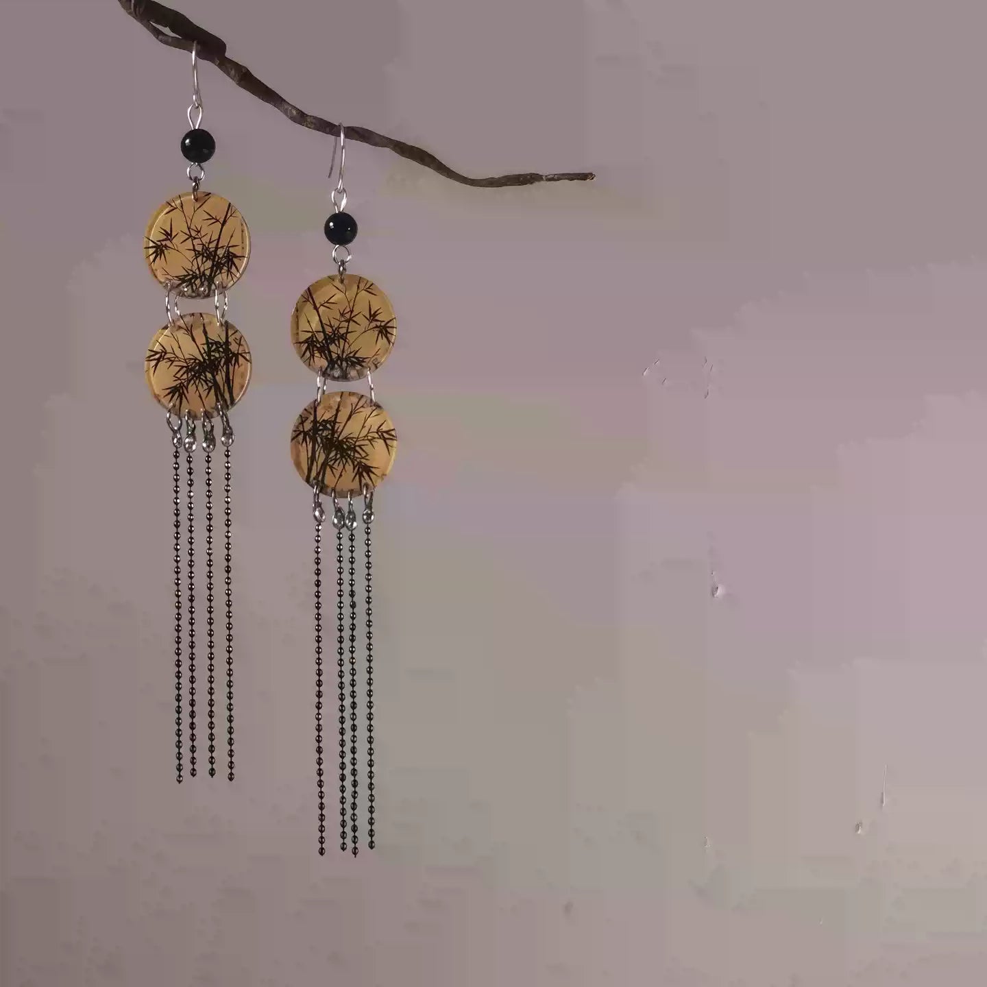 Black and Gold Bamboo Leaf Tassel Earrings – New Chinese Style Guofeng Jewelry