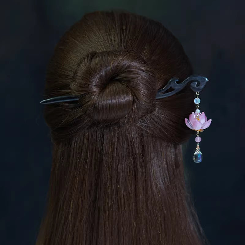 Glass Lotus Tassel Ebony Hairpin – Hanfu, Qipao &amp; Chinese Style Hair Accessory, 18cm, White/Pink/Blue Lotus