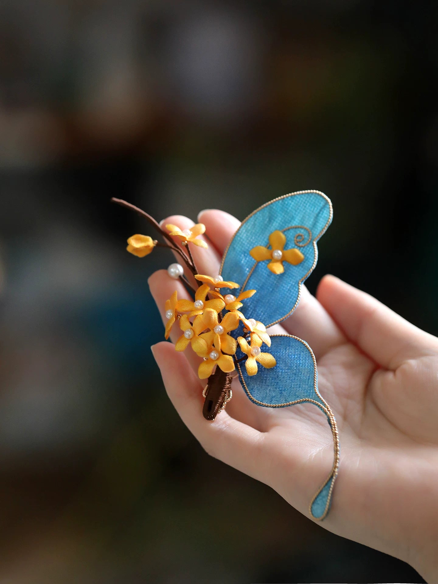 Fairy-Inspired Blue Butterfly Osmanthus Hair Clip – New Chinese Style Hair Ornament