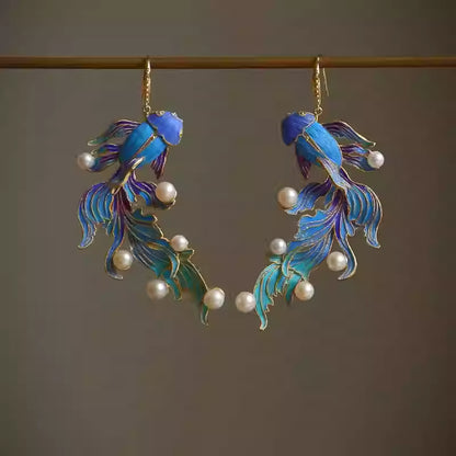 Neue chinesische blau emaillierte Koi-Perlenohrringe – Vintage Guochao Hanfu Schmuck