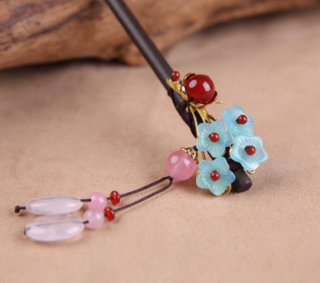Ruby Blue Flower 3 Pink Beads 1 Red Bead Tassel Hairpin - Wood