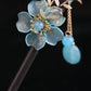 Blue Flower 2 Blue Bead Tassel Hairpin - Wood