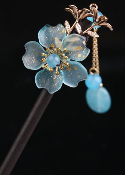 Blue Flower 2 Blue Bead Tassel Hairpin - Wood