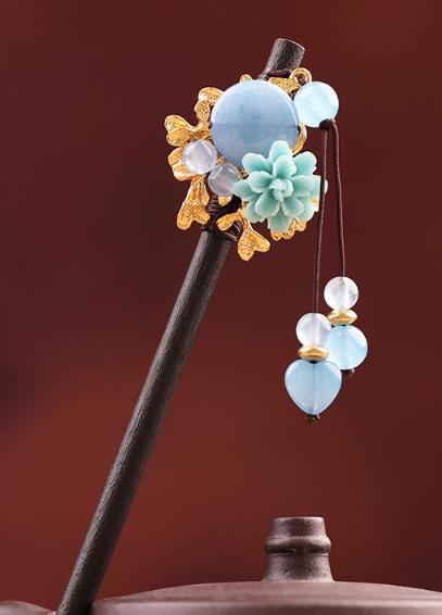 Blaue Blume Saphir Zweig 7 Perlen Quaste Haarnadel-Holz