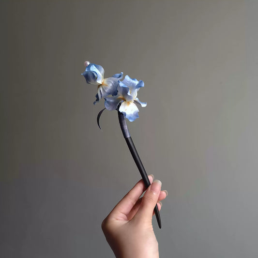 Blue Iris Handmade Velvet Flower Hairpin – Silk Thread Sandalwood Chinese Hair Stick