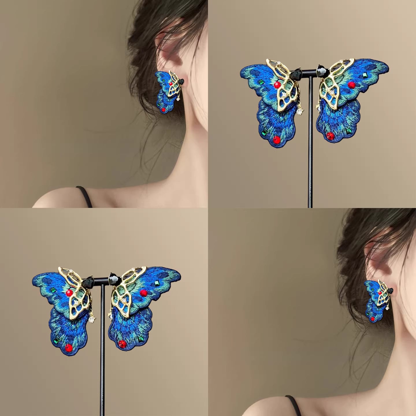 Misty Butterfly Embroidered Earrings – Handmade Blue Chinese Style Studs for Hanfu & Qipao
