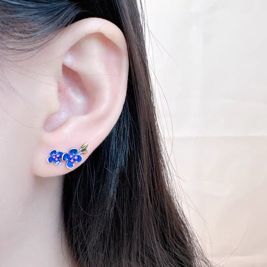 925 Sterling Silver Blue Plum Blossom Stud Earrings – Enamel Floral Chinese Style Dainty Flower Earrings for Women