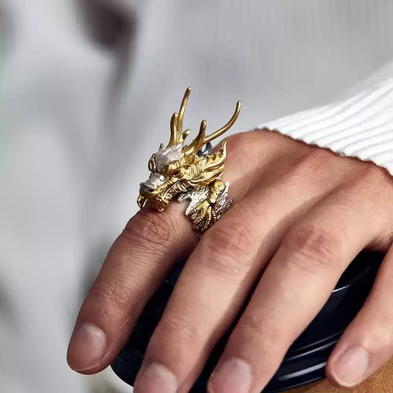 Chinese Myth Dragon Ring – Vintage Punk Style Sterling Silver Open Ring for Men