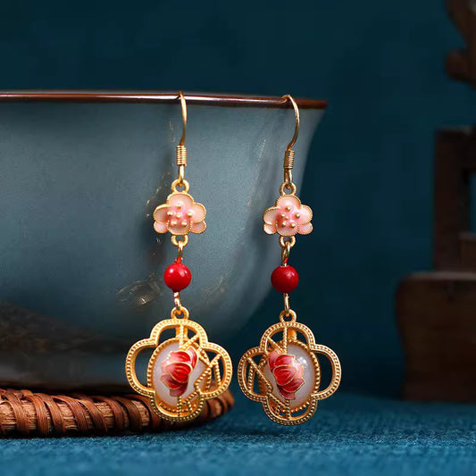 Traditional Chinese Gold-Plated Pink Lotus Earrings – Faux Jade & Enamel, Handmade Vintage Feng Shui Earrings for Women