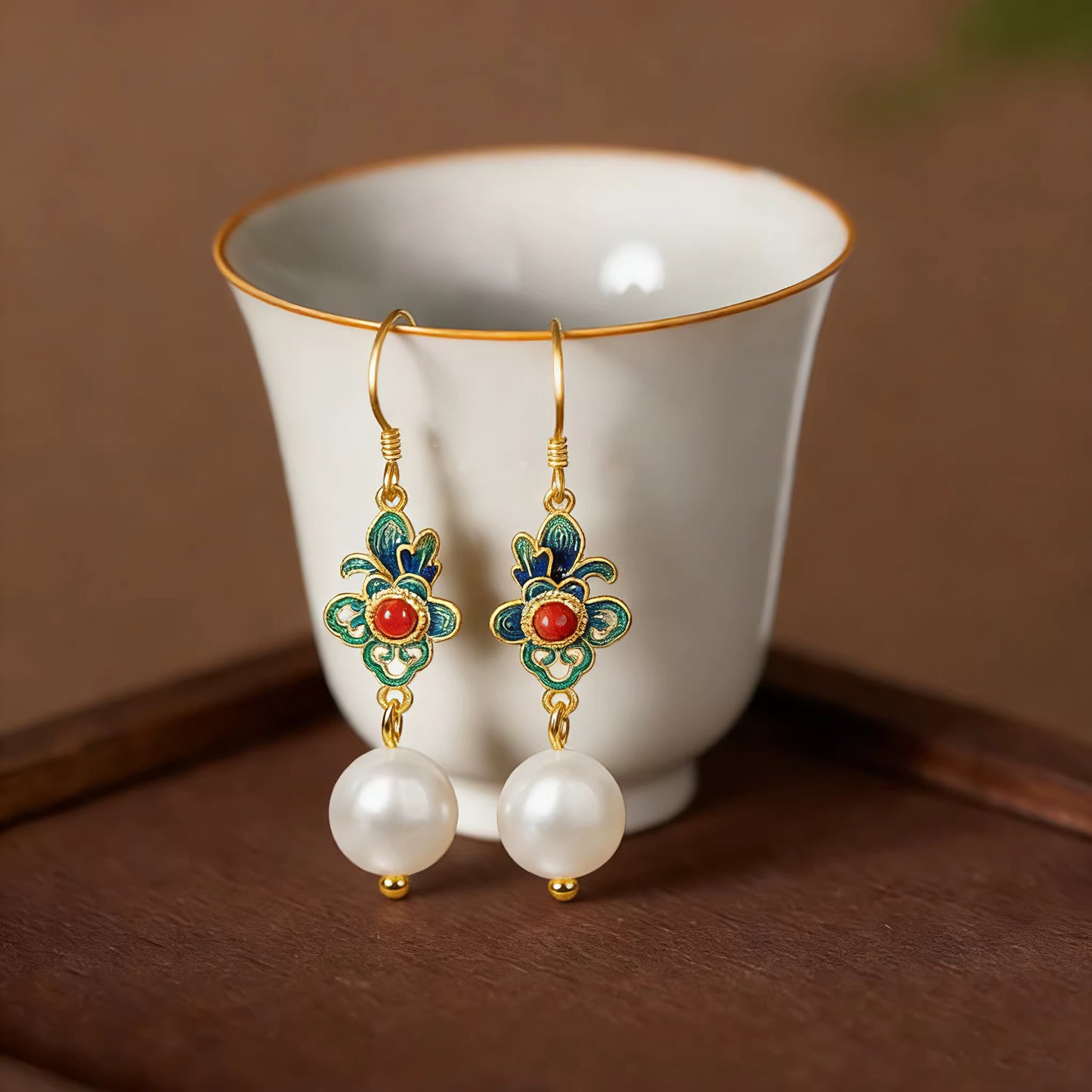 Gilded Filigree Four-Leaf Enamel Pearl Earrings – Red & Turquoise Accents, Chinese Vintage Style, Elegant Dangle Earrings for Women