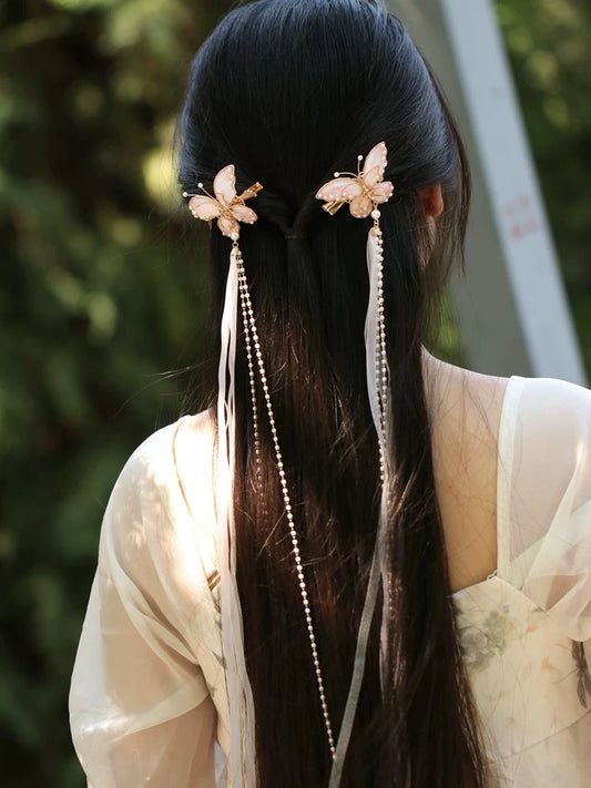 Butterfly Fairy Tassel Hair Clip – New Chinese Style Elegant Hanfu Hair Accessory（ a pair）