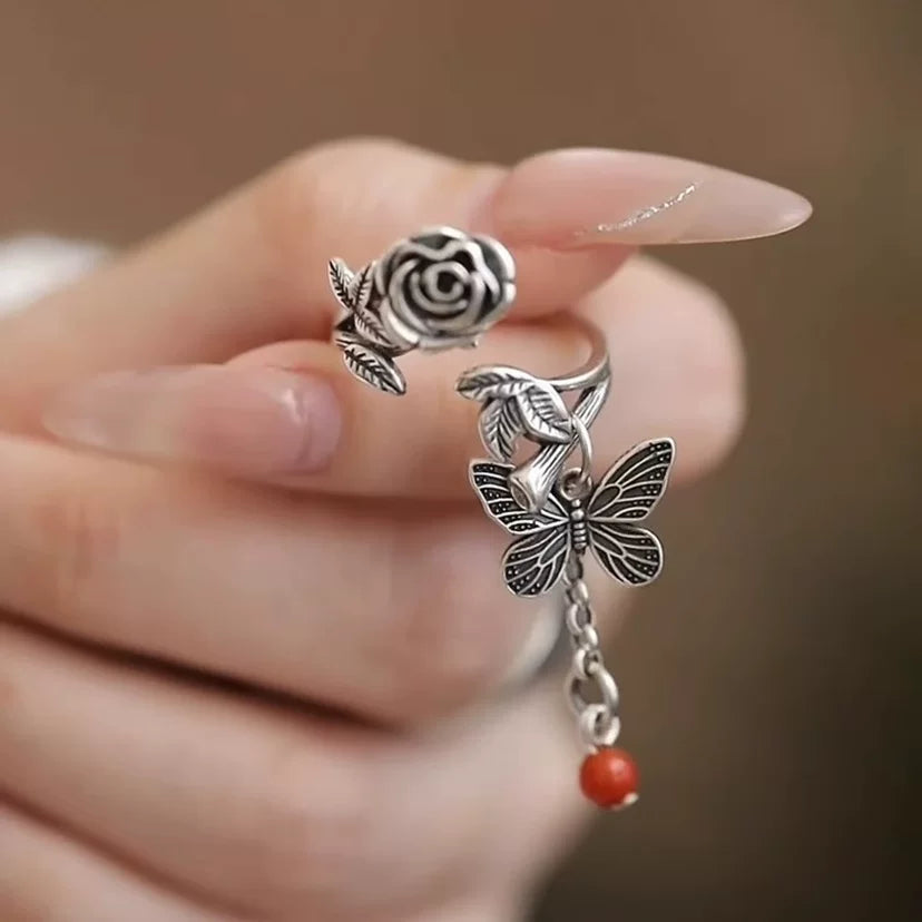 Rose Butterfly Tassel Ring – Vintage Chinese Adjustable Open Ring
